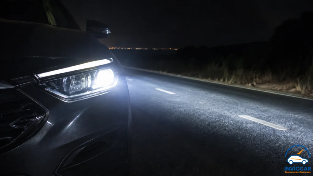 Um carro preto no escuro de uma estrada com o farol iluminando o caminho