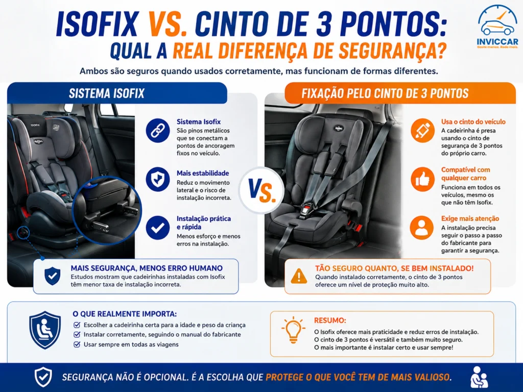 Infográfico simples e explicativo mostrando a diferença de isofix vs cinto de 3 pontos qual a real diferença?