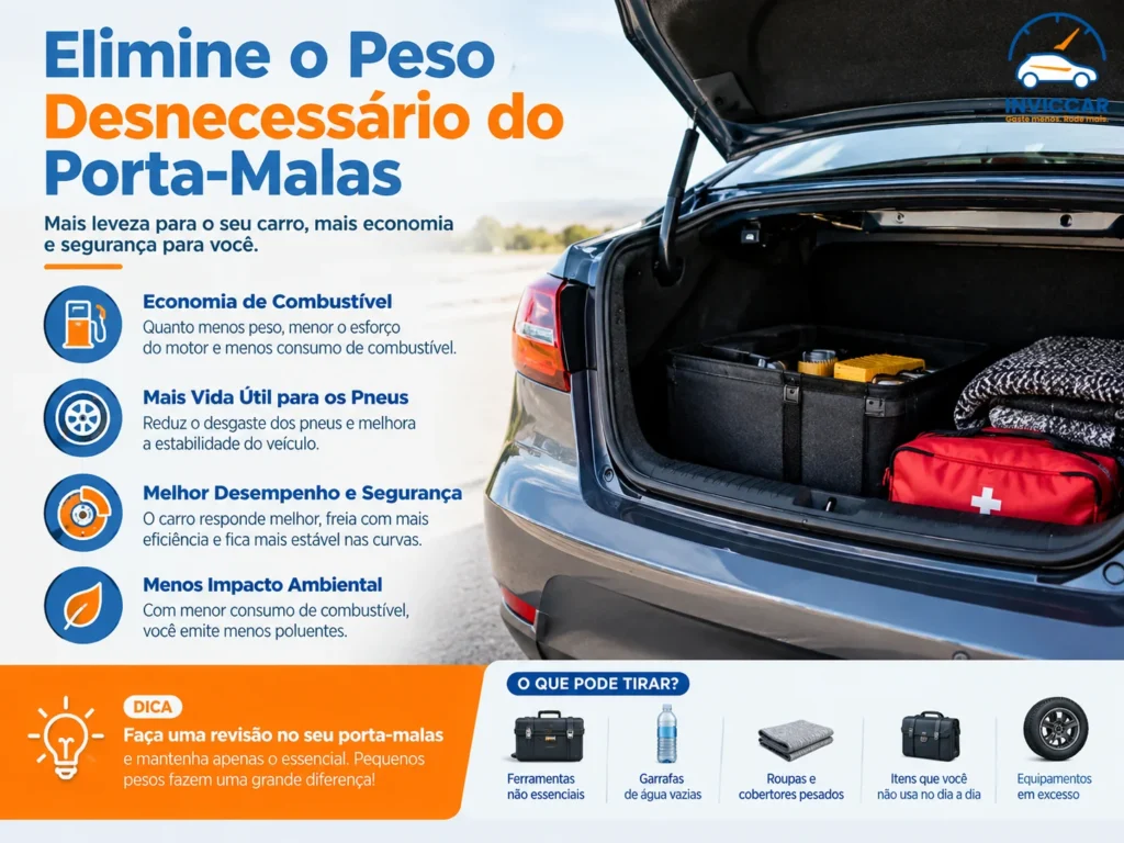 Um infográfico mostrando como eliminar o peso desnecessário do porta-malas