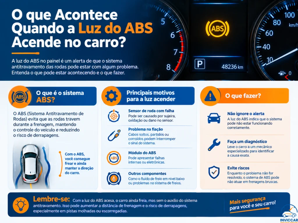 Infográfico ilustrativo falando sobre o que acontece quando acende a luz do abs no carro