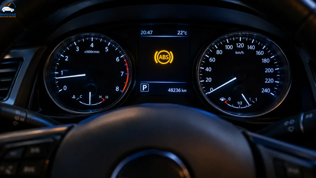 Uma imagem dentro de um carro mostrando a luz abs acesa do carro