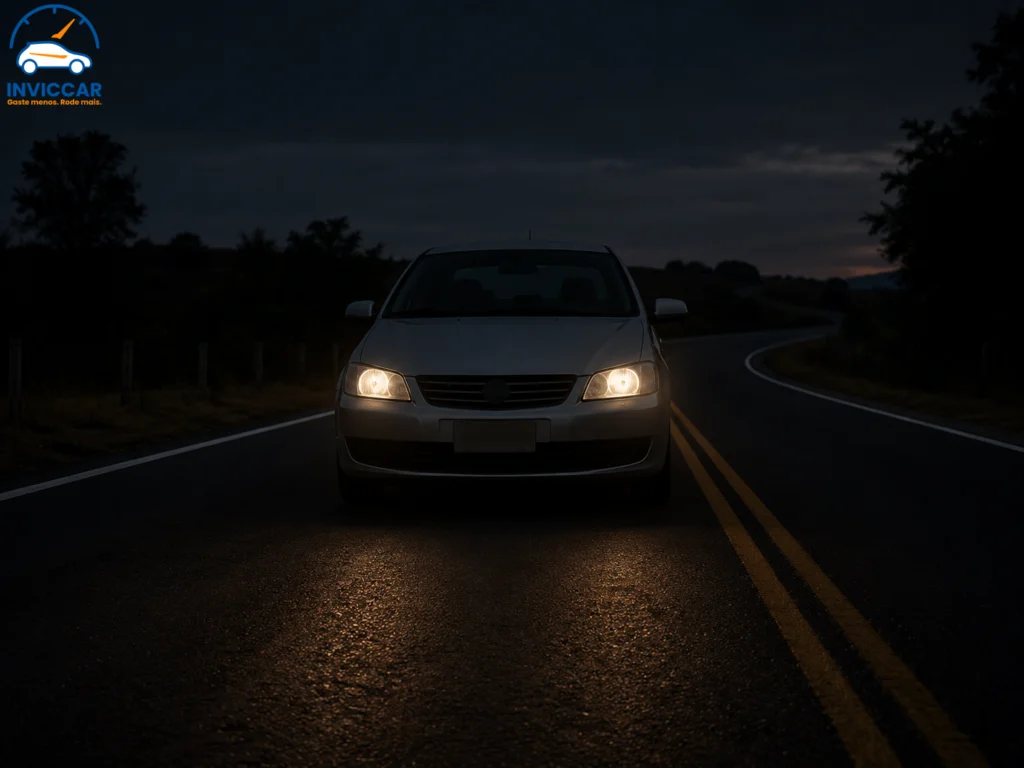 Um carro parado no meio da estrada com o farol fraco