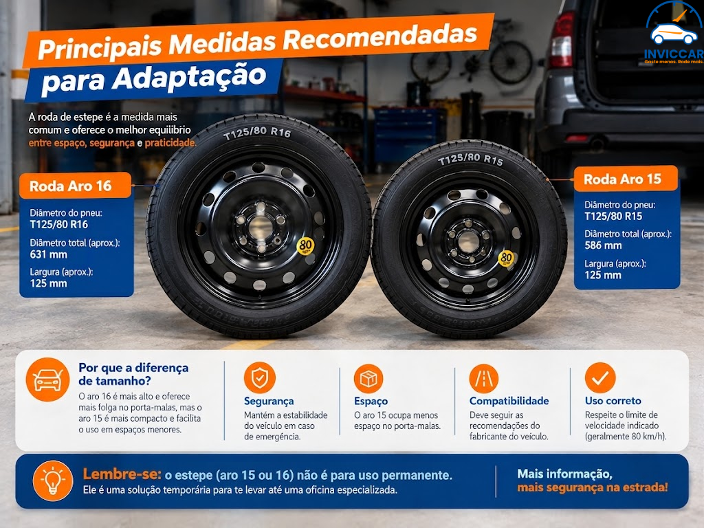 Uma imagem mostrando duas rodas aros falando sobre principais medidas recomendadas para adaptação, falando que a roda de estepe é a medida mais comum e oferece o melhor equilibrio comparado a roda aro 15