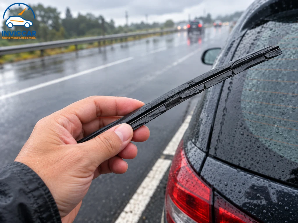 Um motorista analisando a borracha da palheta ressecada do carro.