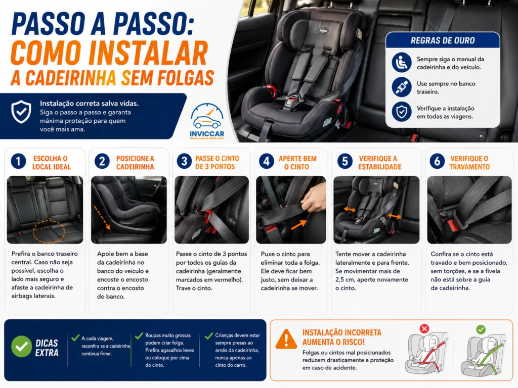 Infográfico passo a passo de como instalar a cadeirinha de bebê no carro sem folgas