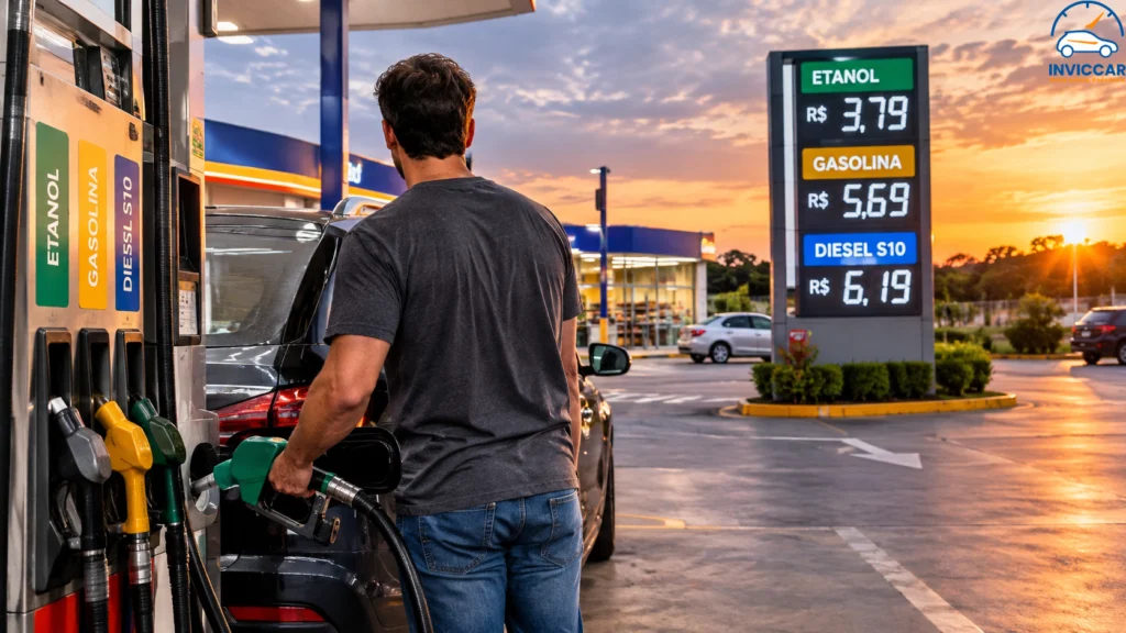 Uma imagem de um motorista observando o preço da gasolina enquanto segura um bico de combustível.