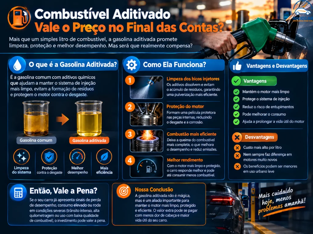 Infográfico falando sobre se o combustível aditivado vale a pena no final das contas, Confira.