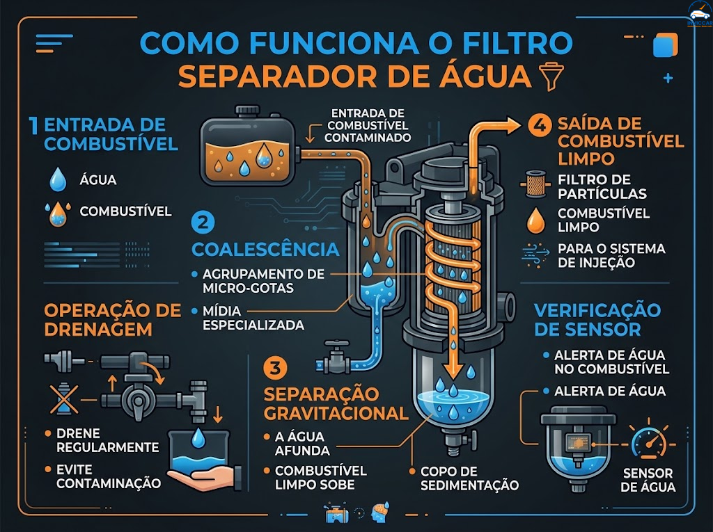 Um infográfico como funciona o filtro separador de água, Confira.