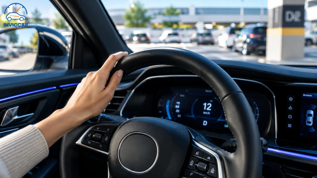 A mão de uma mulher em um volante de um carro mostrando a leveza de girar ele porcausa da direção elétrica