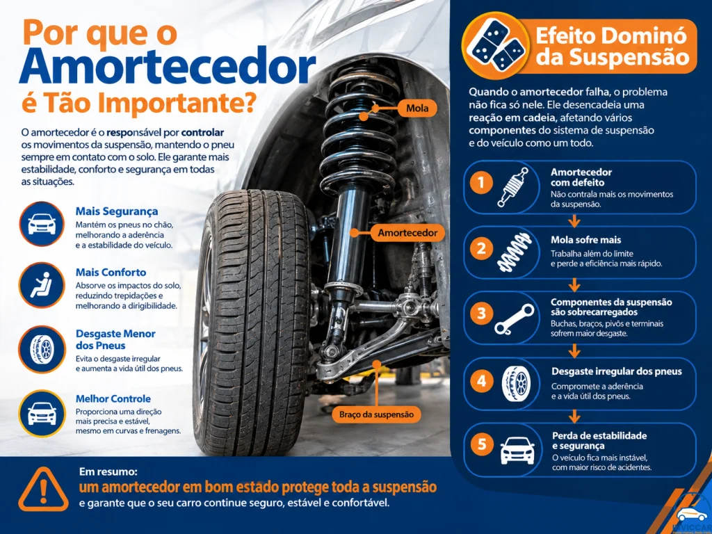 infográfico mostrando o porque do amortecedor é importante e o efeito dominó que o amortecedor dá