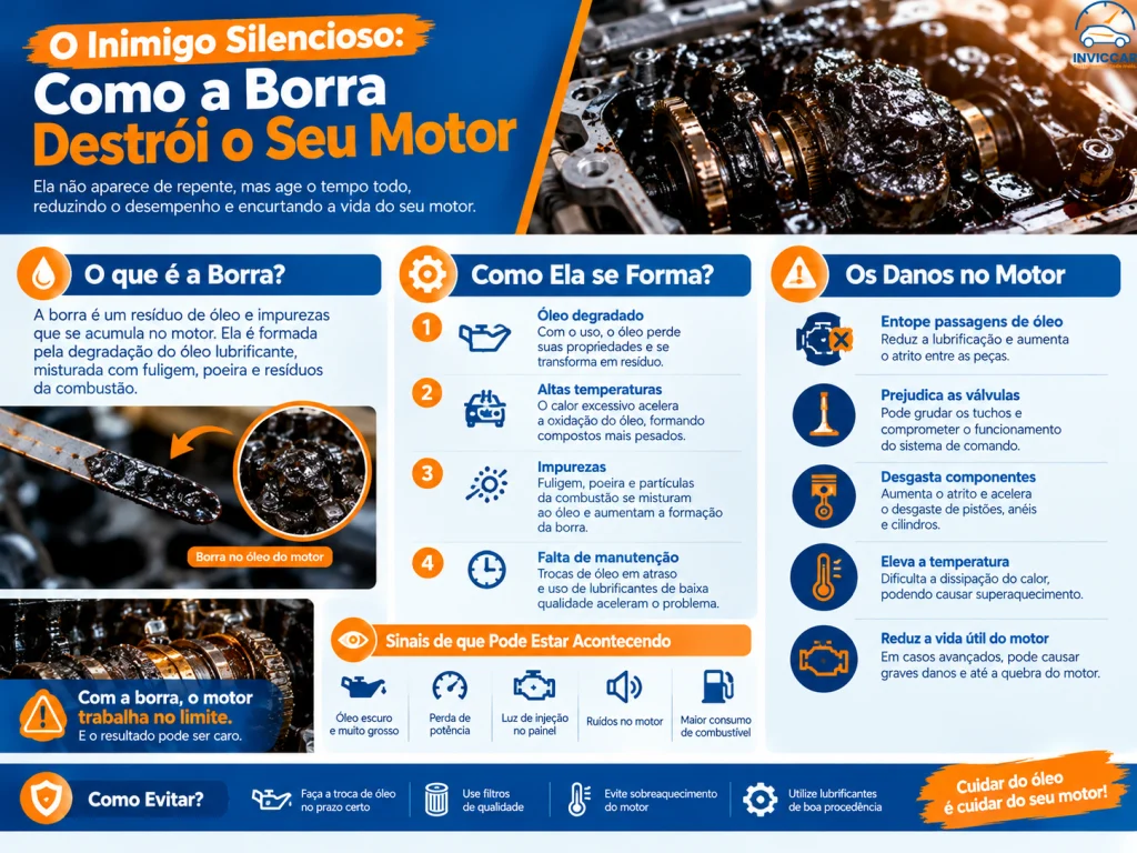 Um infográfico falando sobre o inimigo silencioso como a borra destrói o seu motor, confira lendo o texto na imagem.
