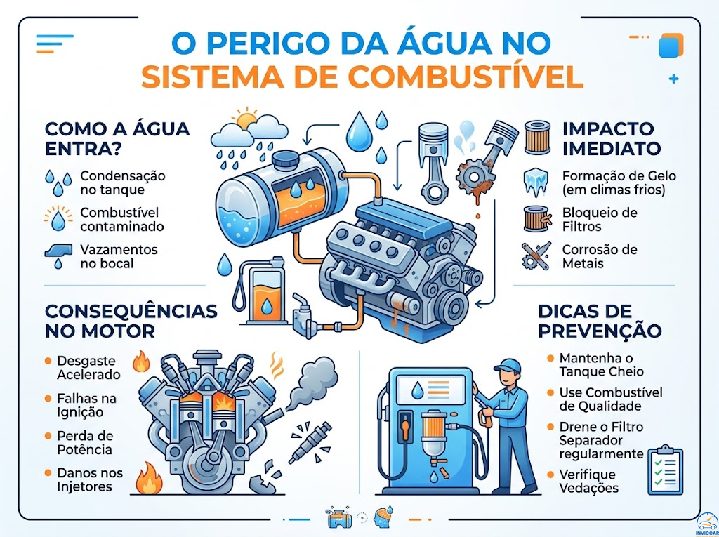 Um infográfico mostrando o perigo da água no sistema de combustível, Confira.