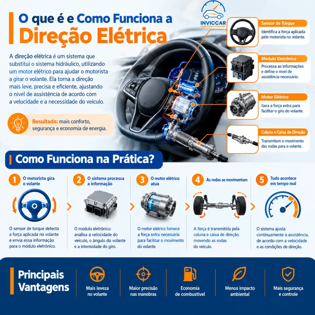 Um infográfico mostrando o que é e como funciona a direção elétrica