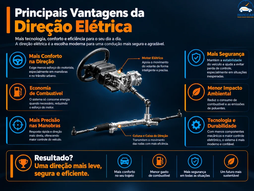 Um outro infográfico ilustrativo com fundo dark mostrando as principais vantagens da direção elétrica