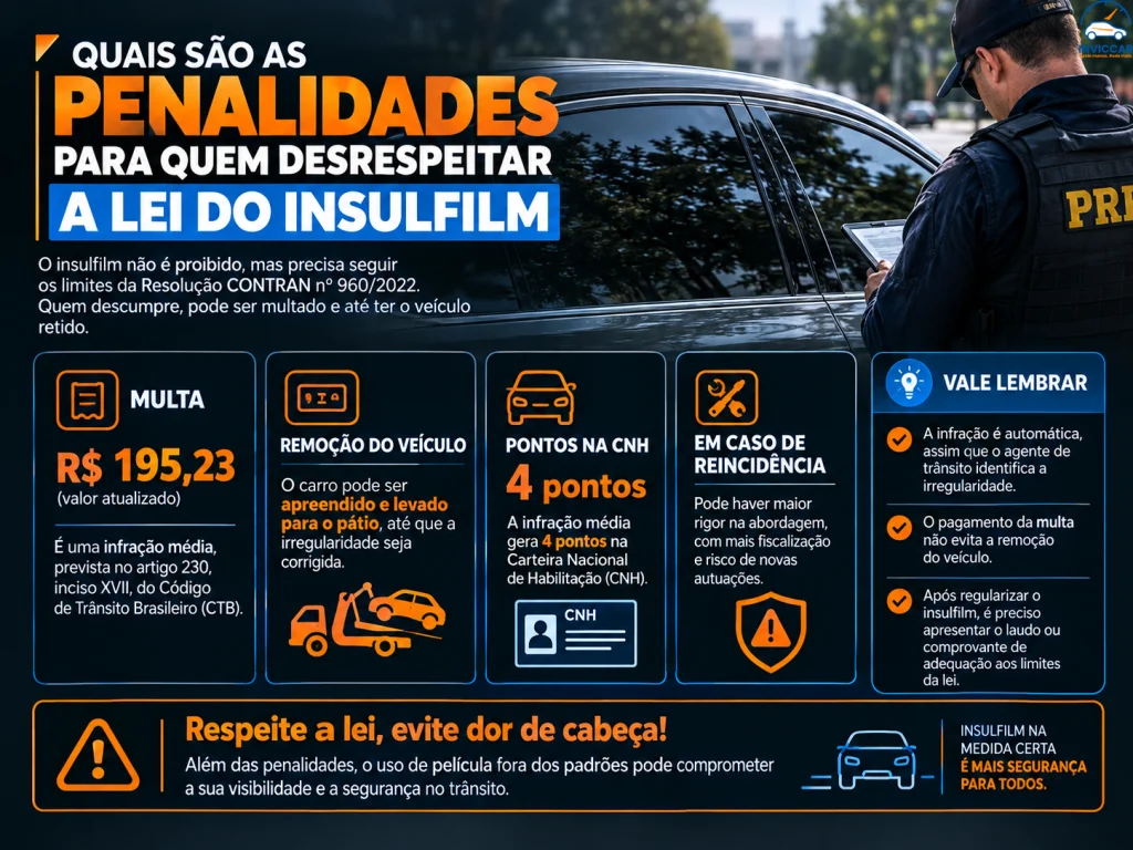 O último infográfico do artigo falando sobre quais são as penalidades para quem desrespeitar a lei do insulfilm, Confira.