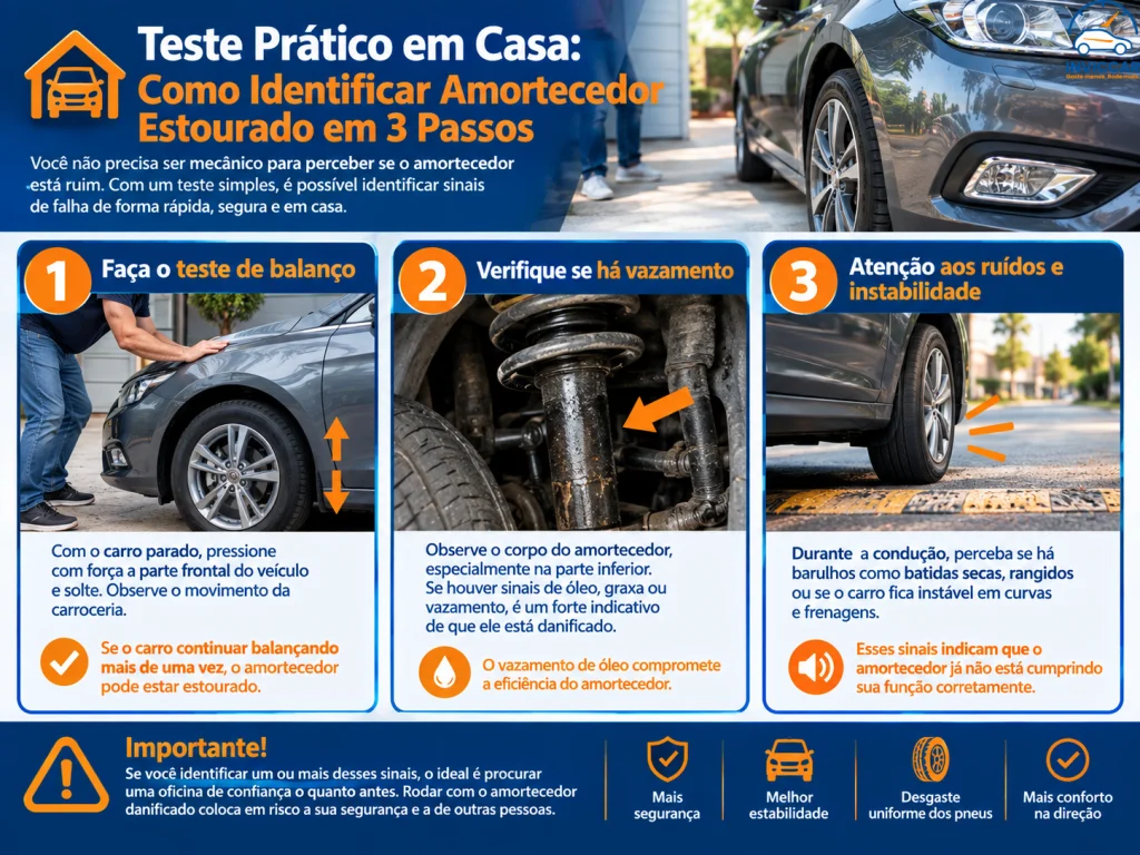 infográfico mostrando o teste prático de como identificar amortecedor estourado